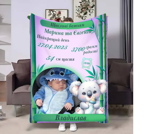Персоналізований 3D-плед з метрикою Метрика для дівчинки Коала 1 фото 32784, 80х100 см